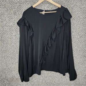 Lane Bryant Top Womens Plus 24 Black Ruffle Keyhole Button Blouse Ladies